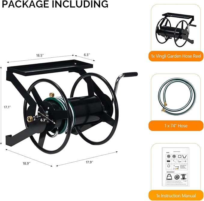 VINGLI Garden Hose Reel, Wall Mount Water Hose Reel for Garden Outside with Heavy Duty Space Saving Rolling Design Metal, 175FT Capacity for 3/4" Hose for Outdoor Use (Black)