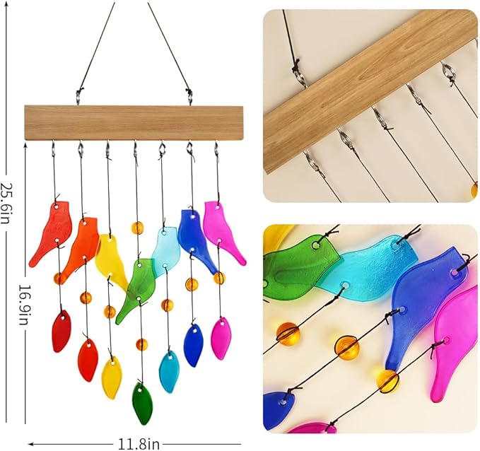 Handwork Crystal Glass & Driftwood Chimes, Sandblasted Glass and Wood Handcrafted Wind Chimes, Birds Wind Chimes for Home, Yard, Patio, Garden Decoration, Gift for Mom, Gifts for Bird Lovers