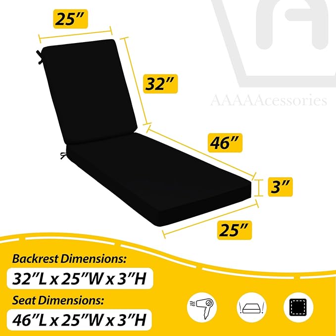 AAAAAcessories Outdoor Chaise Lounge Cushions, Fade-Resistant, Waterproof Patio Furniture Replacement Cushions, 78" x 25" x 3", Set of 2, Charcoal Black