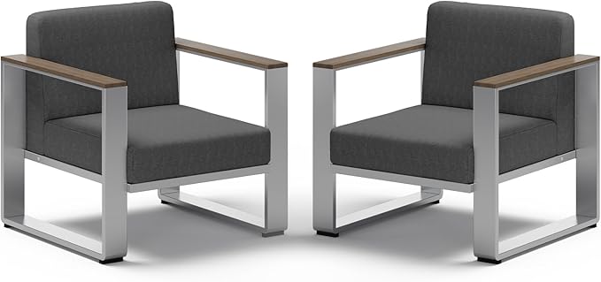 2 Pieces Outdoor Aluminum Armchair, Modern Patio Patio Furniture with Wide Seat and Thick Cushions, All-Weather Oversized Couch for Deck, Porch