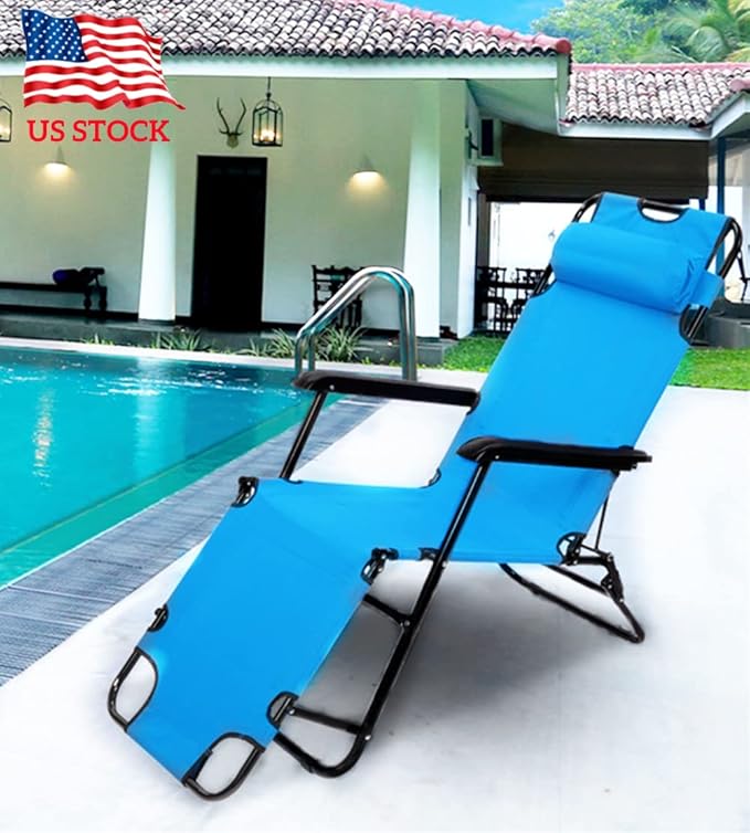 Portable Outdoor Folding Lounge Chair, Camping Chair, Reclining Chair with Pillow,Chaise Lounge for Ioor Outdoor Patio Deck Yard Beach Poolside, Blue