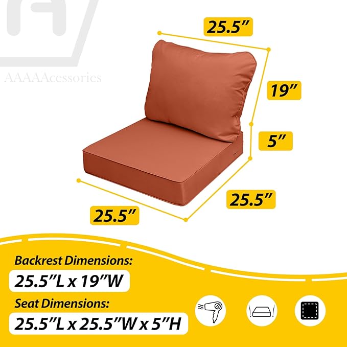 AAAAAcessories Outdoor Deep Seat Cushions, Waterproof, Fade-Resistant Patio Furniture Replacement Cushions, 25.5" x 25.5" x 5" + 25.5" x 19", Set of 4, Rust