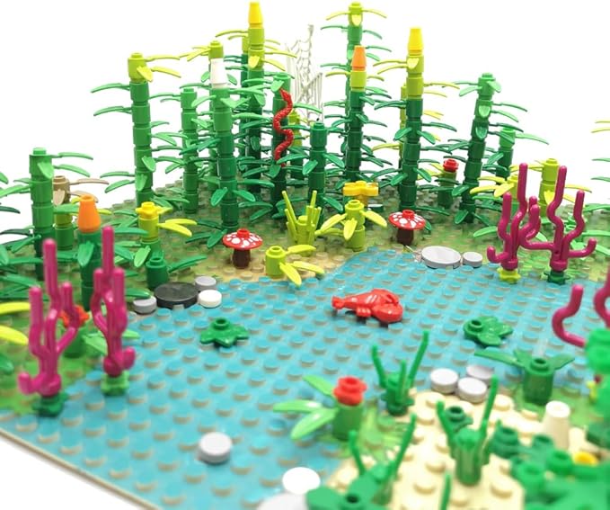 ZHX Rainforest Jungle Bridge Building Block Toys with 2pcs Baseplates(10x10 inches Each) Garden Bricks Accessories Bush Flowers Animals Coconut Trees for Classic Brick Block Toys