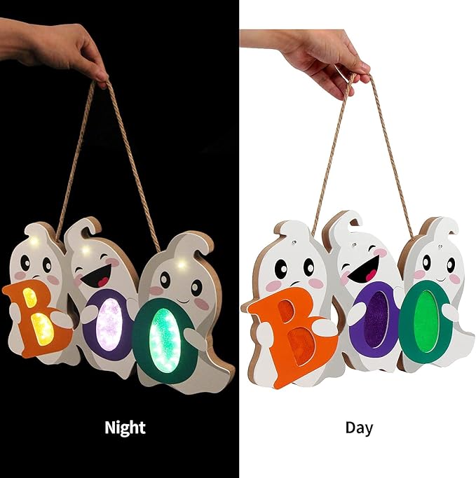 FINGOOO Halloween Door Decor Hanging Sign, BOO Ghost Halloween Door Hanger with Light for Front Door Decorations Outdoor