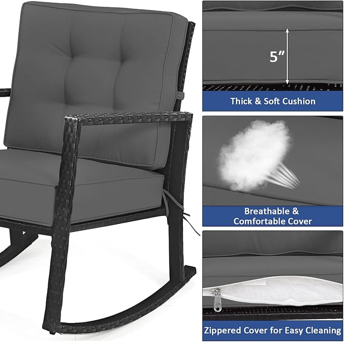 Tangkula 2 Pieces Wicker Rocking Chairs, Outdoor Glider Rattan Rocker Chair with Heavy-Duty Steel Frame, Patio Wicker Furniture Seat with 5” Thick Cushion for Garden, Porch, Backyard, Poolside