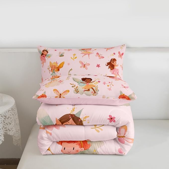 Erosebridal Pink Fairy King Bedding Set - Butterfly Floral Cute Comforter Set for Girls Kids, Fairies Garden Flowers Quilt | Aesthetic Flower Princess Bedroom Decor with 2 Pillowcases