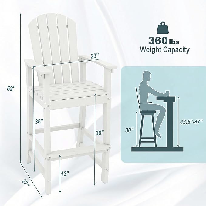 Giantex HDPE Outdoor Bar Stools - All Weather Tall Adirondack Chair with Armrest, Footrest, Load 360Lbs, 30-Inch Counter Height Bar Stool for Patio, Garden, Yard, Indoor Or Outdoor Use (1, White)