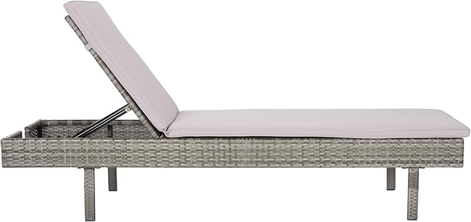 SAFAVIEH Outdoor Collection Cam Grey Wicker/Grey Cushion Adjustable Chaise Lounge Chair, Black/Beige (PAT7501B)