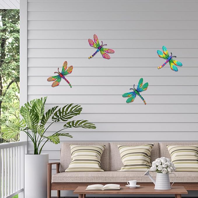 4 PCs Metal Dragonfly Wall Decor Art, Dragonflies Outdoor Wall Art with Colorful Leaves, Hand Painted Outdoor Decor for Garden Yard Fence Patio Outside Decoration