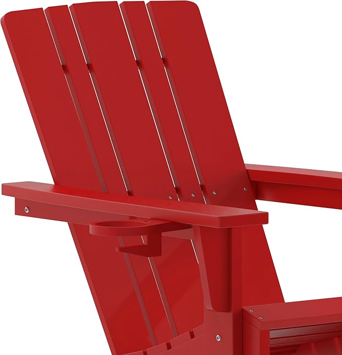 Flash Furniture Halifax Adirondack Chairs with Cup Holders, Weather Resistant Poly Resin Adirondack Chairs, Set of 4, Red