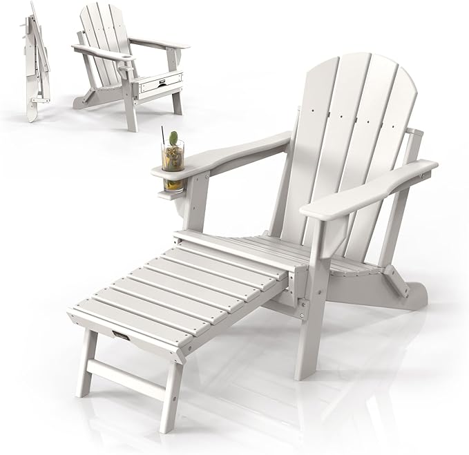 VINGLI Folding Adirondack Chair with Ottoman, Waterproof Plastic HDPE Firepit Chair for Outside with Hidden Footrests, Foldable Ergonomics Seating for Patio Porch Yard Garden(White)