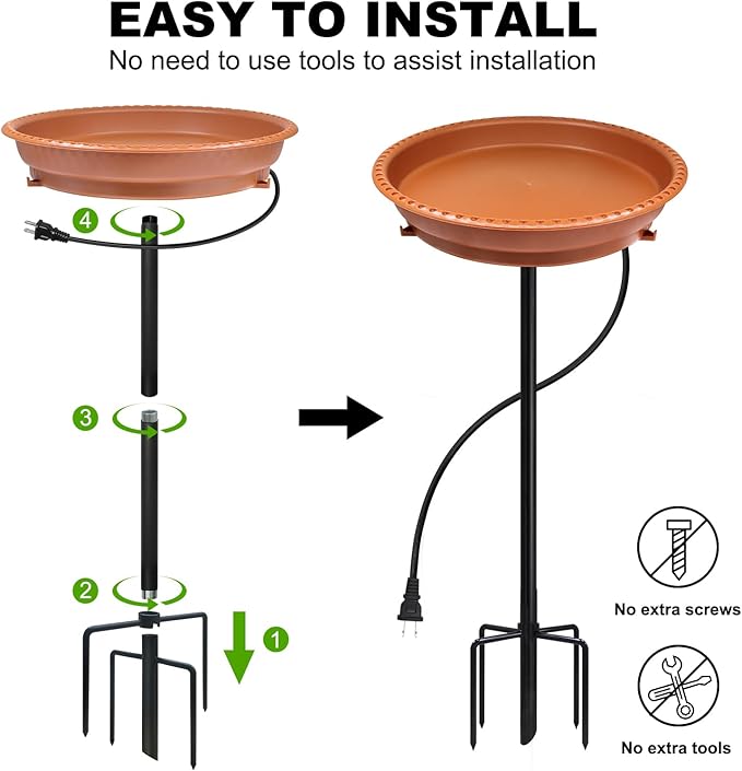 BIRD WISH Heated Bird Bath, Stable 5-Prong Metal Base Thermostat Control Weather Resistance All Seasons Available 75W Heated Bird Baths for Outdoors for Winter Garden Yard Patio Lawn, Terracotta