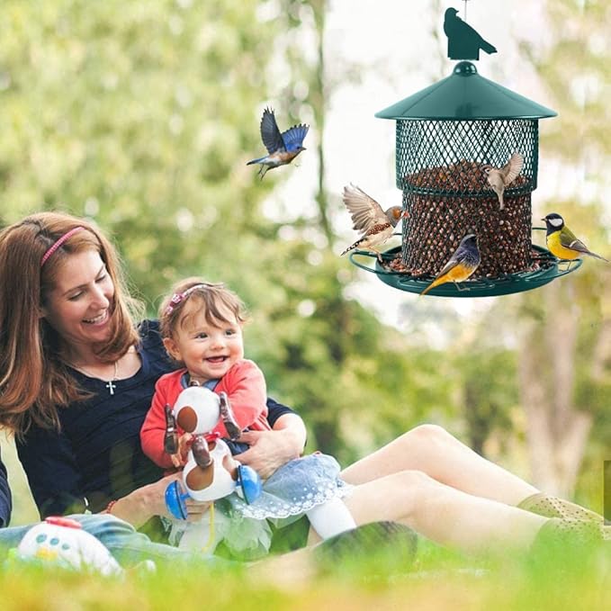 Metal Bird Feeder for Outside, Hanging Bird Feeders Squirrel Proof, 4 Lbs Capacity Iron Mesh Durable Wild Outdoor Birdfeeder with 6 Perches for Finch Cardinals,Gifts for Birds Lovers- Green