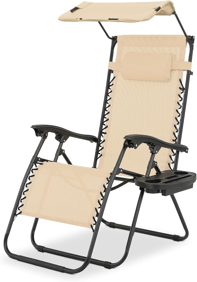 Magshion Zero Gravity Lounge Chair with Canopy, Outdoor Foldable Patio Reclining Chair with Side Tray, Adjustable Anti-Gravity Recliner with Pillow Headrest, Lounger for Lawn Camping Beach