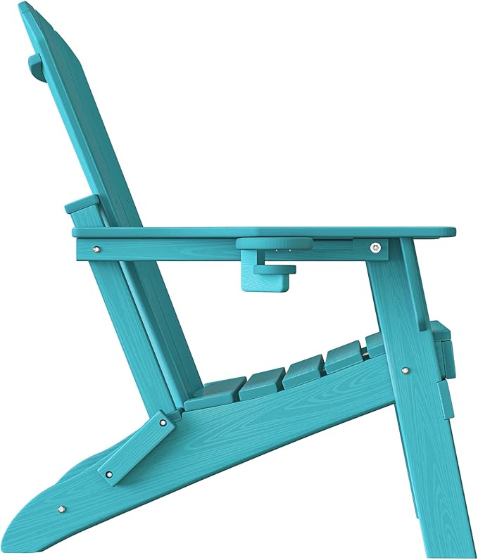 Plawdlik Folding Adirondack Chair, SGS Tested, Wooden Textured with Cup Holder, Heavy All-Weather HDPE Comfortable Set Poolside Backyard Lawn Aruba Blue