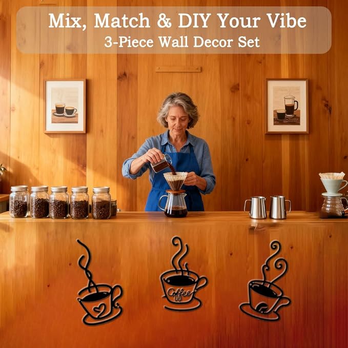 Kitchen Coffee Bar Metal Wall Decor - 3 Pack Rust-Proof Wall Art with Cup, Bean & Heart - Home Bar Signs for Indoor & Outdoor, Living Room, Kitchen, Garden - Housewarming Gift for Coffee & Tea Lovers