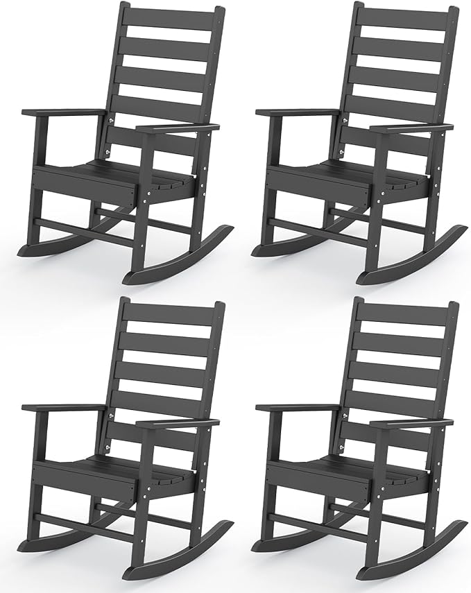 GREENVINES Outdoor-Rocking-Chairs-Set-of-4 | HDPE Plastic | Patio Rockers | Porch Rocker Chair | Shaker | Oversized | High Ladder Back | Big & Tall | PentaLuxe | Black