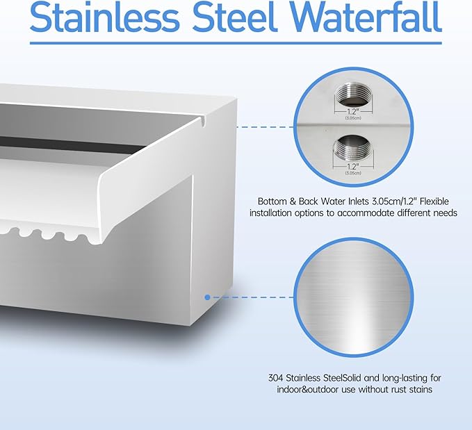 Pool Fountain Stainless Steel Pond Waterfall Spillway Kits for Indoor/Outdoor Decorative, 36 Inches Pool Water Feature for Garden Patio, Backyard Koi Pond Decor(No LED Light)