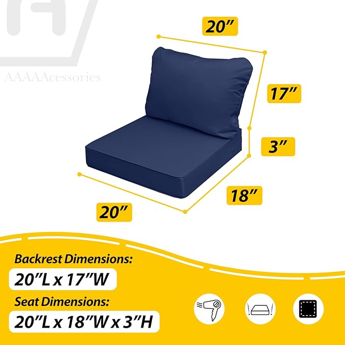 AAAAAcessories Outdoor Seat Cushions for Chairs, Fade-Resistant, Waterproof Patio Furniture Replacement Cushions, 20" x 18" x 3" + 20" x 17", Set of 4, Navy Blue