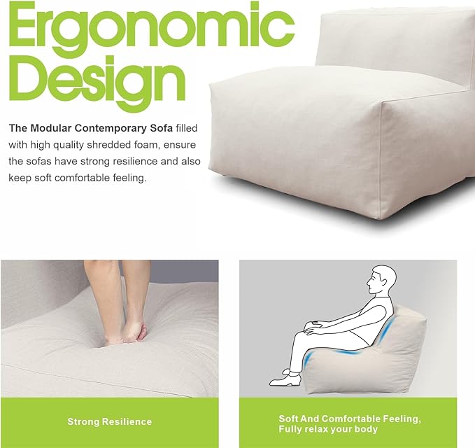Patio Armless Chair, Outdoor Middle Bean Bag Chair, Daybed Sofa Comfy Couch, Modular Patio Sectional Sofa, Water-Resistant Olefin Fabric, High-Density Foam Filled, Comfy Lounge Seat, Light Beige