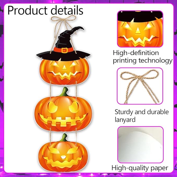 Halloween Door Decorations Pumpkin Hanging Sign Front Door Hanger Wreath Decor Indoor Outdoor Decor for Halloween Party Home Farmhouse Wall Porch Yard Window Decoration Supplies
