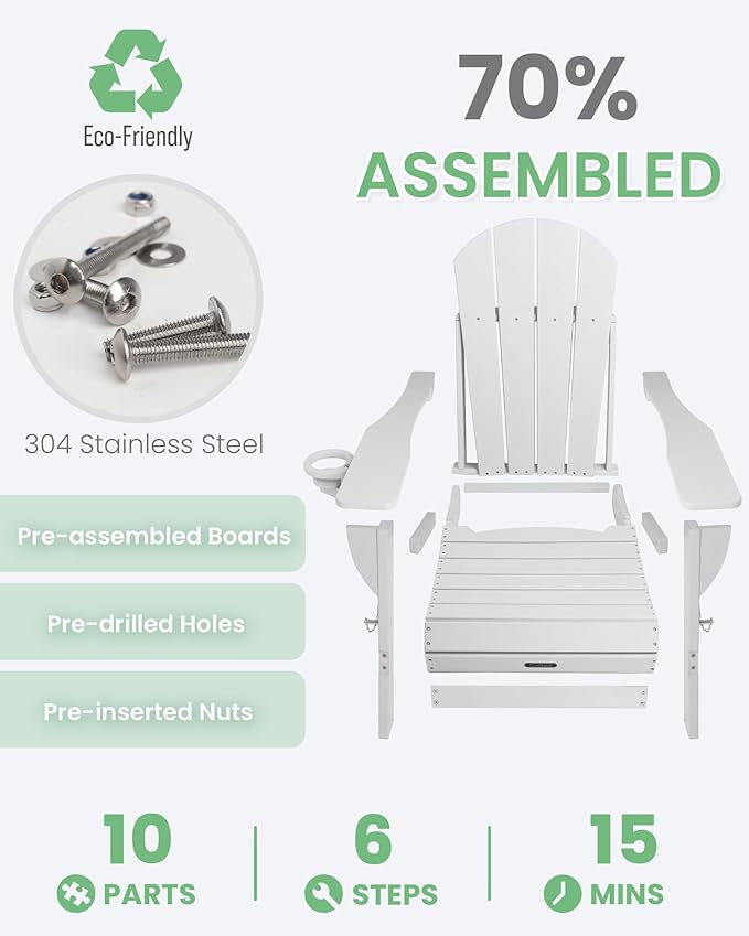 Ciokea Folding Adirondack Chair 6 Pack, Patio Adirondack Chair Weather Resistant, Plastic Fire Pit Chair with Cup Holder, Lawn Chair for Outdoor Porch Garden Backyard Deck (White)