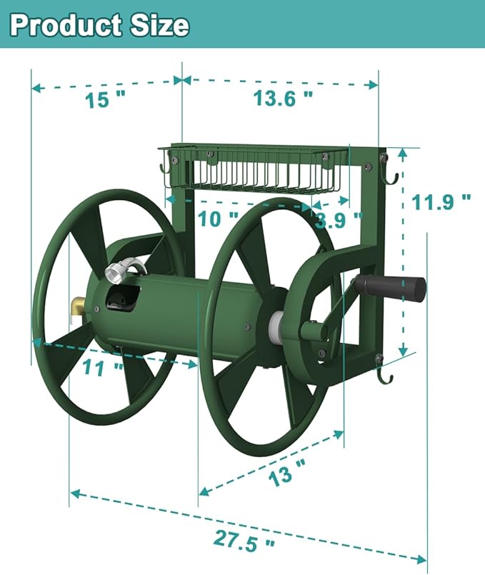 Outdoor Wall Mounted Hose Reel with Hook, Garden Heavy-Duty Water Holder Winder with 3.9 ft Leader Hose, Brass Fitting and Storage Basket for Yard, Holds 125 Ft of 5/8-Inch Hoses, Green