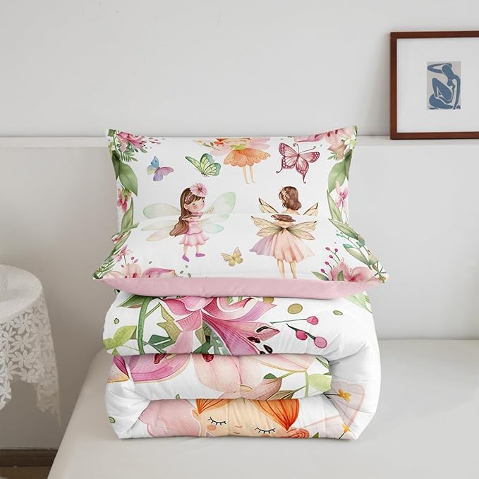 Erosebridal Fairy Garden Queen Bedding Set,Pink Floral Butterfly Comforter Set for Girls Kids,Dreamy Flower Girly Comforter,Coquette Flowers Bedroom Room Decor,2 Pillowcases Lightweight