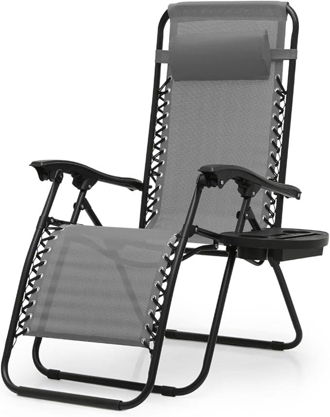 Zero Gravity Chairs, Portable Folding Reclining Lounge Chairs with Adjustable Pillow and Cup Holder Trays for Outdoor, Patio, Beach, Camping, Garden, Poolside, Gray