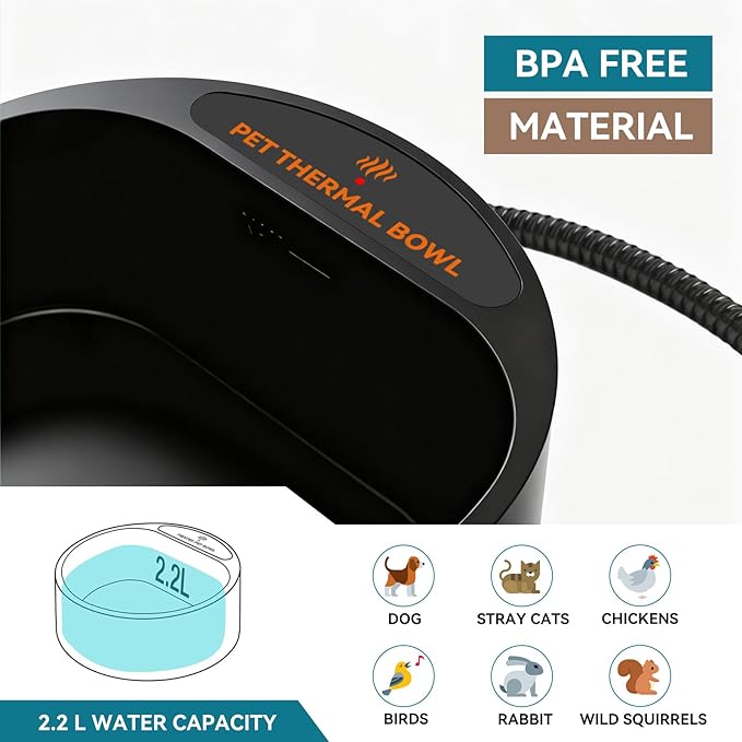 PETLESO Outdoor Heated Water Bowl for Dogs Cats, 2.2L Winter Heating Dog Water Bowl with AntiBite Wire, Provides Drinkable Water, Pet Warm Dish Smart Thermal for Outdoor Chickens Rabbits Birds, Black