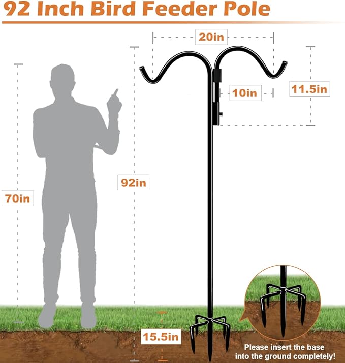 92 Inch Double Shepherds Hook for Outdoor with 5 Prong Base, Adjustable Heavy Duty Bird Feeder Pole for Hanging Flower Basket, Plant Hanger, Solar Light Lanterns, Black