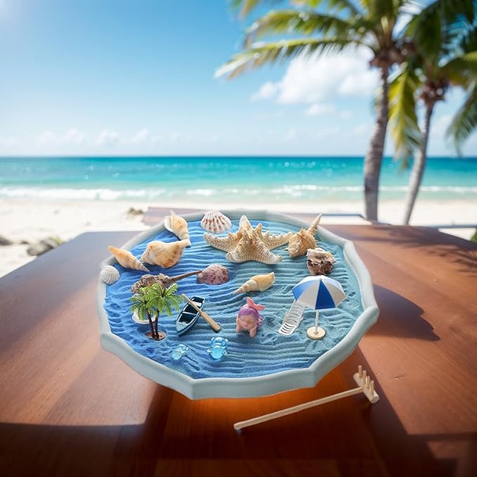 Desktop Zen Garden Kit -Ocean Themed Zen Decor Sand,Natural Shells Starfish Conch, Mermaid Resin Summer Beach Desktop Decorations,Zen Office Desktop Decoration Gift(Blue)