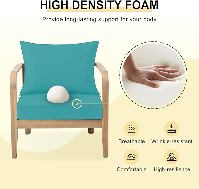 downluxe Outdoor Chair Cushions 24x24 with Removable Cover, Waterproof Patio Furniture Cushions, Deep Seat Cushions for Outdoor Furniture with Backrest for Sofa, Couch and Patio Chairs, Teal