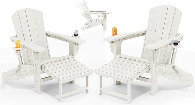 KINGYES Folding Adjustable Adirondack Chair with Ottoman & 2 Cup Holders Set of 2, HDPE Adirondack Recliner Chair with Footrest, White