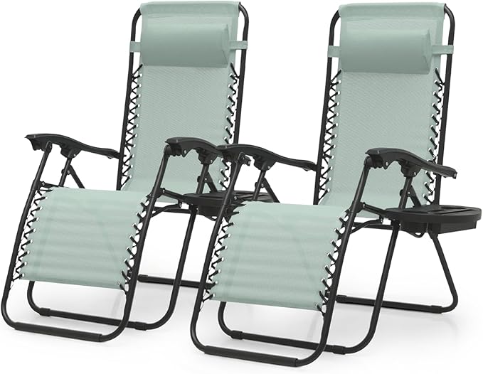Magshion Zero Gravity Lounge Chairs Set of 2, Outdoor Patio Reclining Chair with Side Tray, Adjustable Anti-Gravity Recliners with Pillow Headrest, Folding Lounger for Lawn Camping Beach, Sage Green