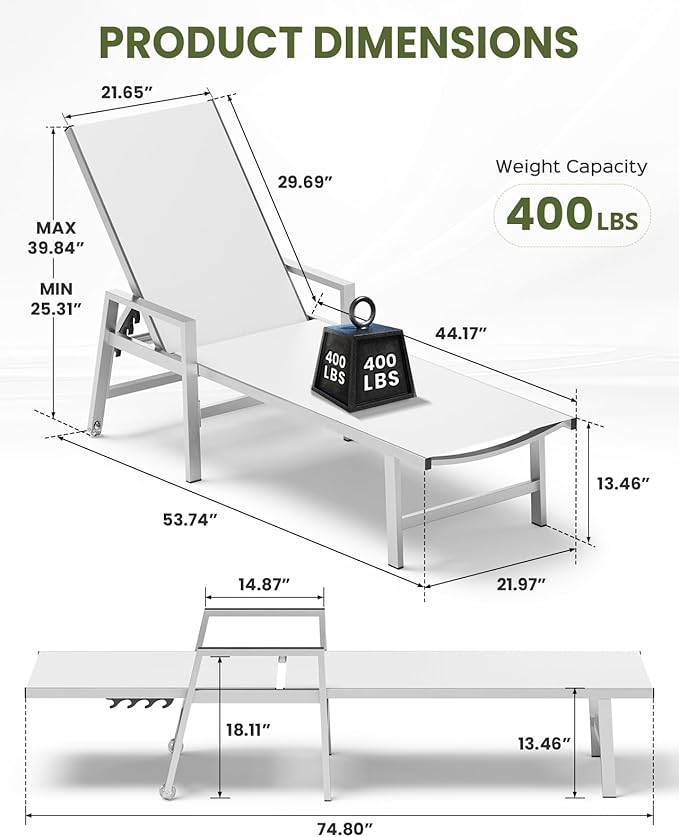 Patio Chaise Lounge Chair Outdoor with Wheels&Armrests, Aluminum Pool Lounge Chairs 5-Position Adjustable Recliner, Sun Beach Lounge Chairs for Poolside, Patio, Deck, Yard, White