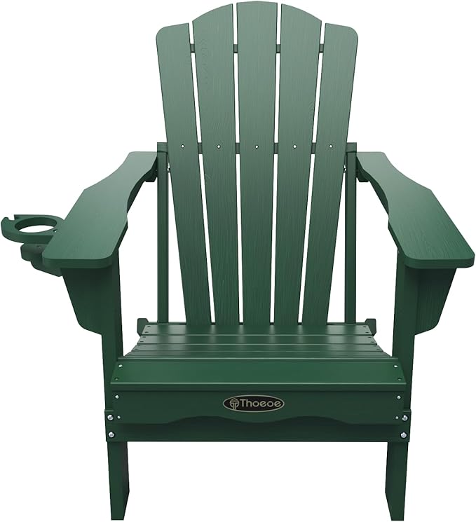 Folding Adirondack Chair Set of 4,HDPE All-Weather Outdoor Chair with Cup Holder,Wooden Textured,Fire Pit Chair,Plastic Patio Chair for Deck,Backyard,Garden,Lawn(Green)