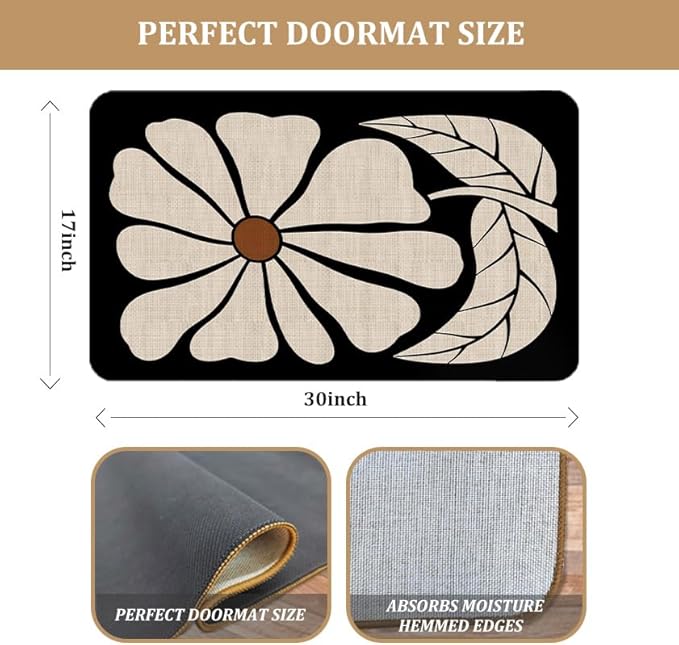 Boho Beige and Black Floral Door Mat - Bohemian Neutral Floral Front Door Welcome Mats Outdoor Entrance, 17x30 Rug