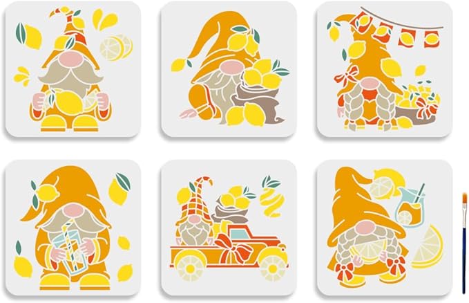 MAYJOYDIY 6pcs Lemon Gnome Stencils 8×8inch Gnome Themed Stencils with Paint Brush Reusable Summer Lemon Juice Truck Drawing Template for Canvas Wall Wood DIY Craft Home Decor