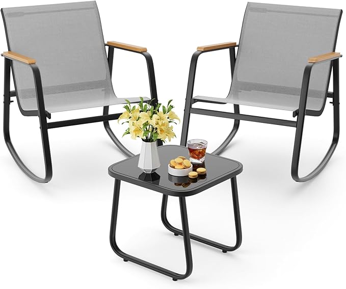 Aiho 3 Piece Patio Bistro Set, Textilene Outdoor Furniture Set with Patio Rocking Chairs with Wooden Armrests and Glass Table for for Lawn, Porch, Balcony, Poolside(Grey)