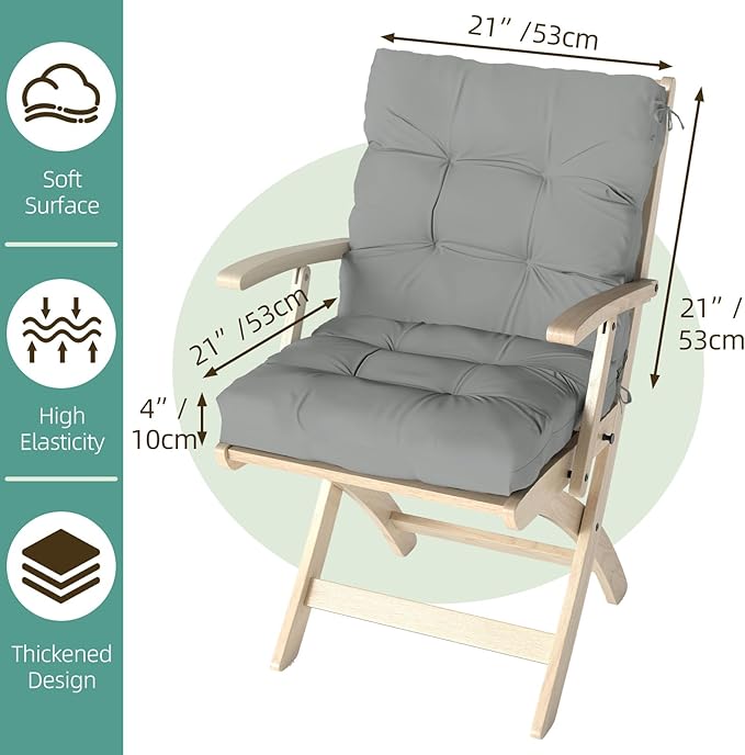 Outdoor Chair Cushion, 42x21x4 Inch Patio Cushions for Dining/Rocking Chairs, High Back Soft Seat Pad with Ties, Indoor Outside Use, Fade-Resistant & Waterproof, Light Gray