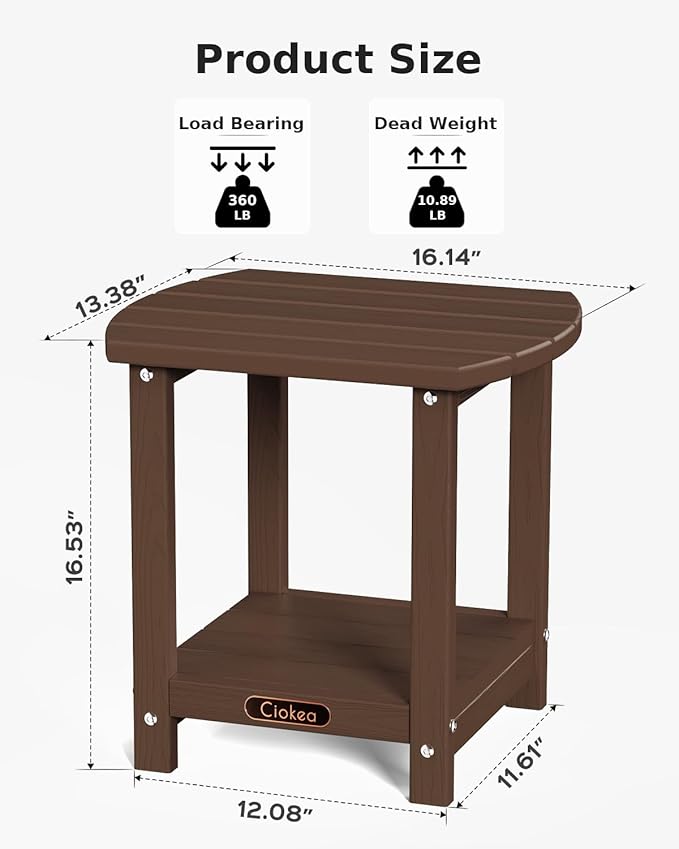 Ciokea Adirondack Outdoor Side Table, 2-Tier Sturdy Patio End Table Weather Resistant, Morden Side Table for Patio, Pool, Porch, Brown