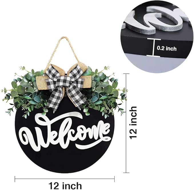 Welcome Sign for Front Door, Front Door Decor for Farmhouse Porch, Rustic Welcome Wreaths with Stapled Greenery, Round Wooden Hanging Sign Housewarming Gift for Home Outdoor Indoor (Black)…