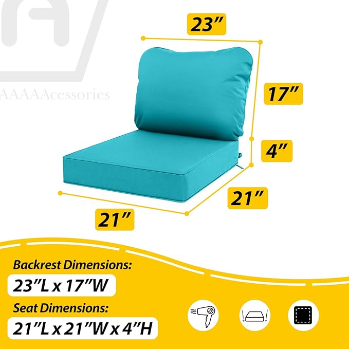 AAAAAcessories Outdoor Seat Cushions for Chairs, Waterproof, Fade-Resistant Patio Furniture Replacement Cushions, 21" x 21" x 4" + 23" x 17", Turquoise Blue
