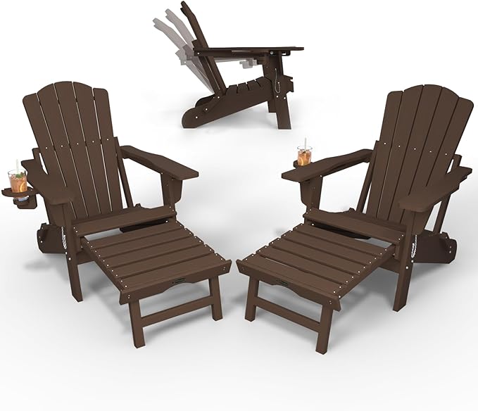 Folding Adjustable Adirondack Chairs with Ottoman & 1 Cup Holders Set of 2, HDEP Multifunctional Adirondack Chair with Footrest,Brown