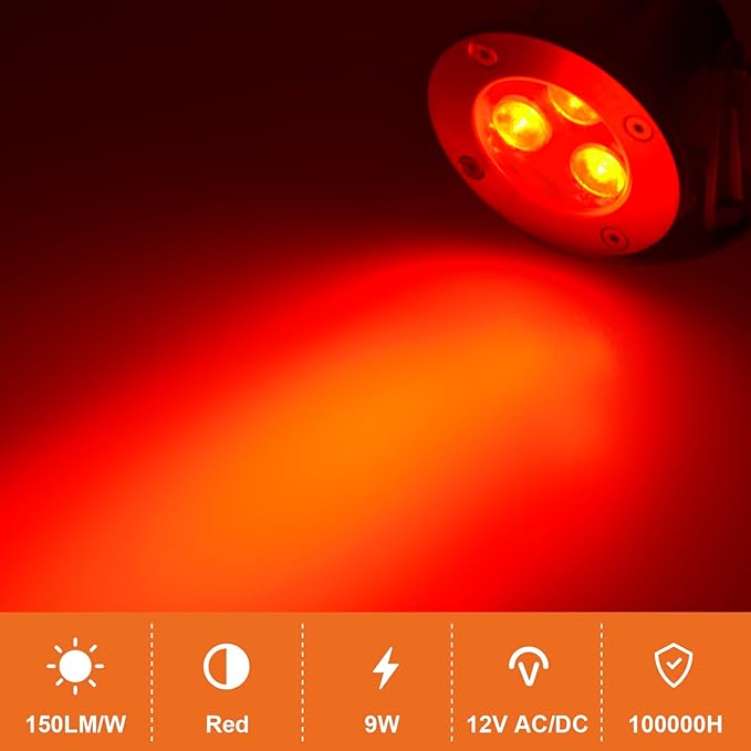 9W LED Underwater Pond Lights Red Lighting, Works with 12V AC/DC, Stainless Steel Light Fixture with IP68 Waterproof Rating Suitable for Ponds, Waterfalls, Patio & Garden, Outdoor Landscape Lighting