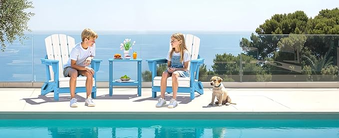 SERWALL Kids Adirondack Chair Sets for 2, HDPE Adirondack Chair for Children,All-Weather Resistant for Patio, Garden, Backyard - Light Blue and White