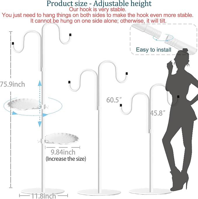 Upgraded 74" Shepherd's Hook Stand plant，Bird Feeder，White Wind Chime Hanger Stand, Waterproof Metal & Adjustable-Height Standing Pole Holder for Wreath, Indoor & Outdoor（2 Placement Racks