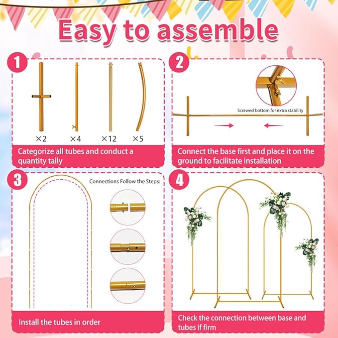 6 FT Arch Backdrop Stand, Balloon Arch Stand with Base, Metal Arch Stand, Gold Baby Shower Backdrop Arch, Wedding Arch Frame