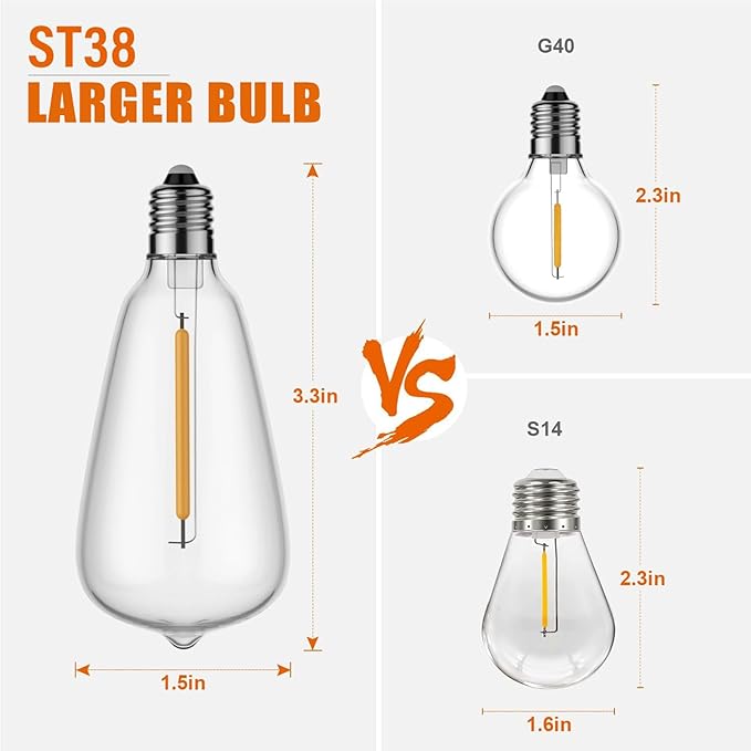 Outdoor String Lights 20FT - LED Waterproof Patio Lights Shatterproof ST38 Edison Bulbs, Connectable Hanging Vintage Lights for Outside Indoor Garden Backyard Deck Porch Party Decor